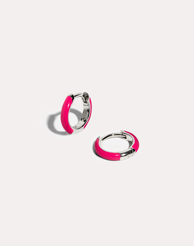Hot Pink Enamel Silver Hoop Earrings
